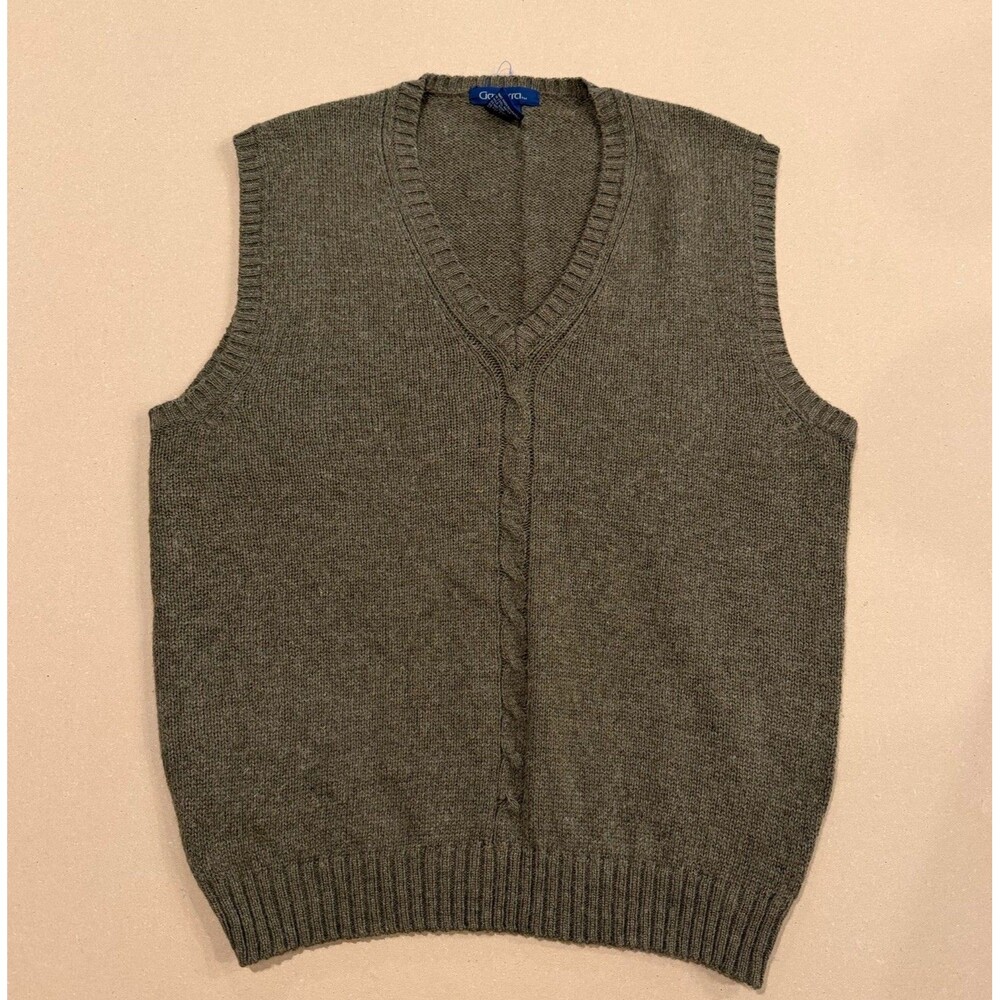 Generra Vintage Men Sweater Vest Brown Olive V-Neck Cable Knit Wool Blend Small